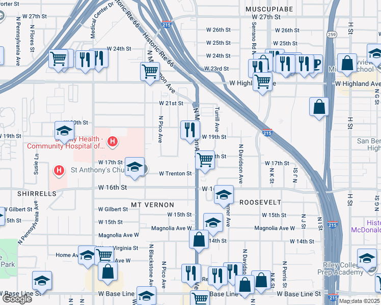 map of restaurants, bars, coffee shops, grocery stores, and more near 1708 North Mount Vernon Avenue in San Bernardino