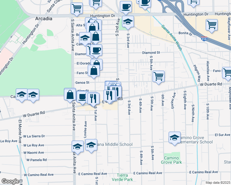 map of restaurants, bars, coffee shops, grocery stores, and more near 805 South 2nd Avenue in Arcadia