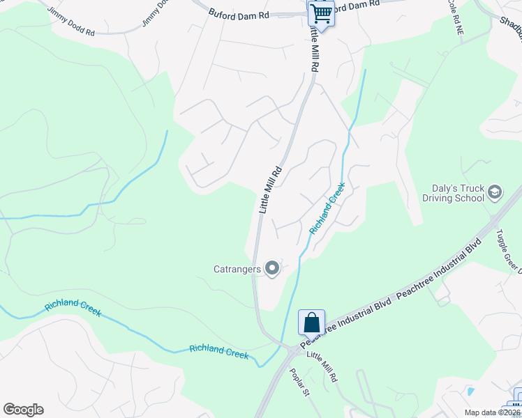 map of restaurants, bars, coffee shops, grocery stores, and more near 5528 Little Mill Road in Buford