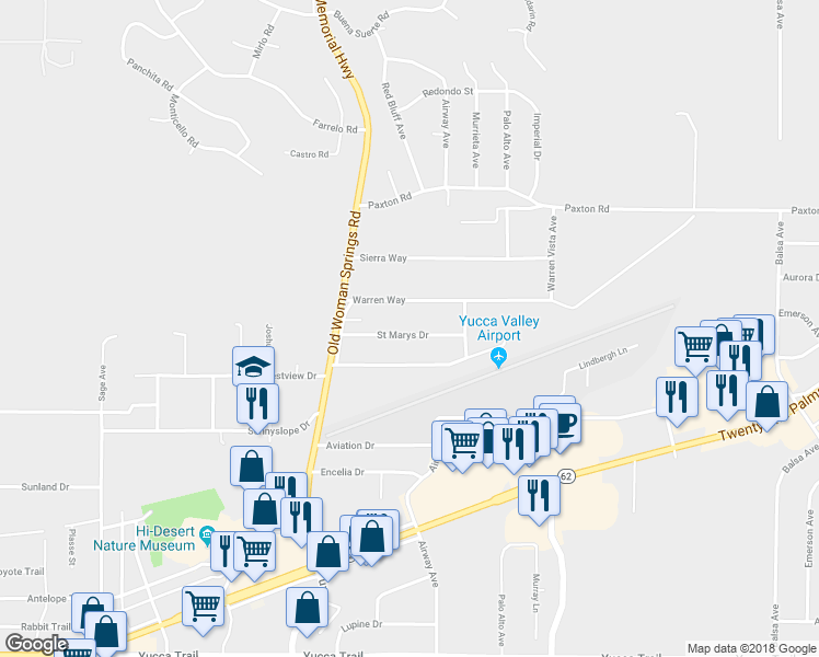 map of restaurants, bars, coffee shops, grocery stores, and more near 57418 Saint Marys Drive in Yucca Valley
