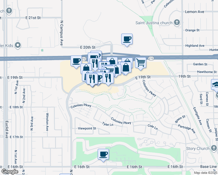 map of restaurants, bars, coffee shops, grocery stores, and more near 1126 East 19th Street in Upland
