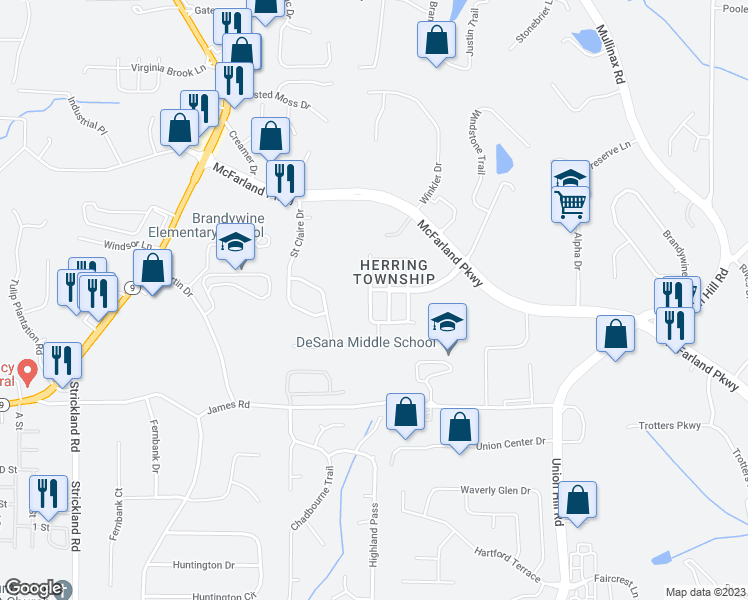 map of restaurants, bars, coffee shops, grocery stores, and more near 1235 Township Circle in Alpharetta