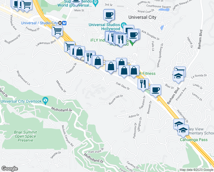 map of restaurants, bars, coffee shops, grocery stores, and more near 3479 Oak Glen Drive in Los Angeles