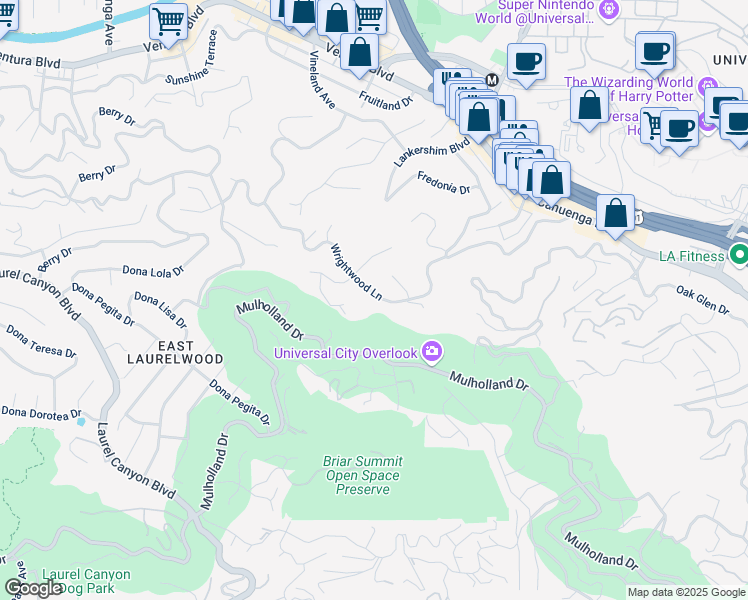 map of restaurants, bars, coffee shops, grocery stores, and more near 10844 Wrightwood Lane in Los Angeles