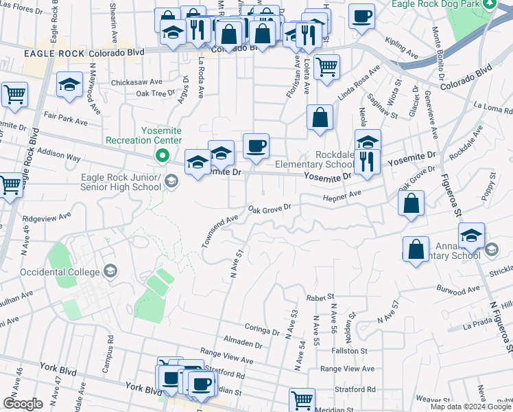 map of restaurants, bars, coffee shops, grocery stores, and more near 1579 Oak Grove Drive in Los Angeles