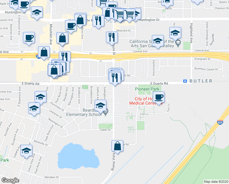 map of restaurants, bars, coffee shops, grocery stores, and more near 1836 Buena Vista Street in Duarte