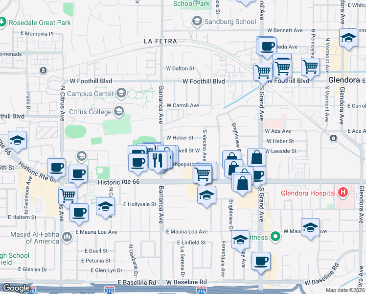 map of restaurants, bars, coffee shops, grocery stores, and more near 811 Bridwell Street West in Glendora