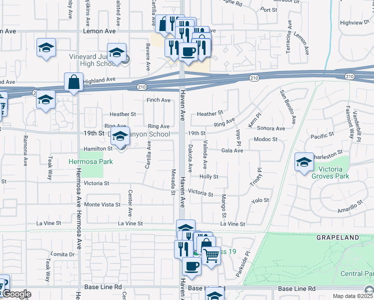 map of restaurants, bars, coffee shops, grocery stores, and more near 6766 Dakota Avenue in Rancho Cucamonga