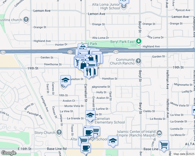 map of restaurants, bars, coffee shops, grocery stores, and more near 6776 Amber Court in Rancho Cucamonga