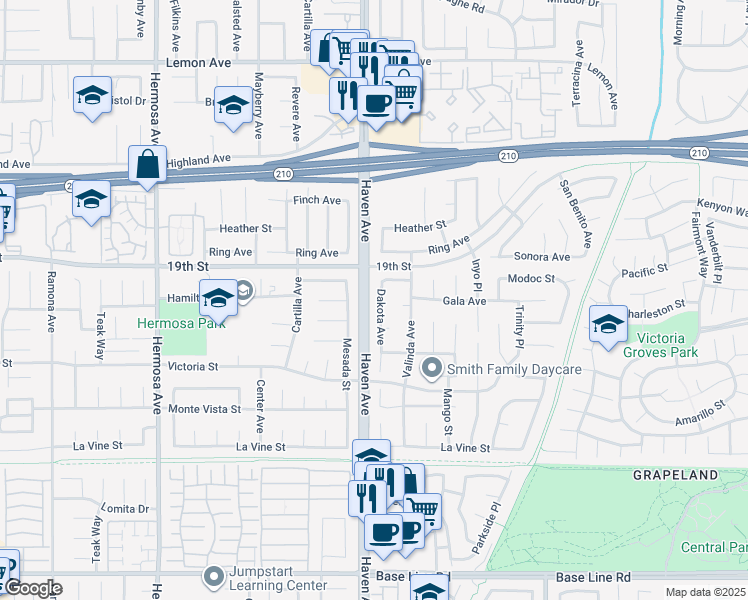 map of restaurants, bars, coffee shops, grocery stores, and more near 6766 Dakota Avenue in Rancho Cucamonga