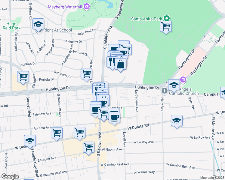 map of restaurants, bars, coffee shops, grocery stores, and more near 634 West Huntington Drive in Arcadia