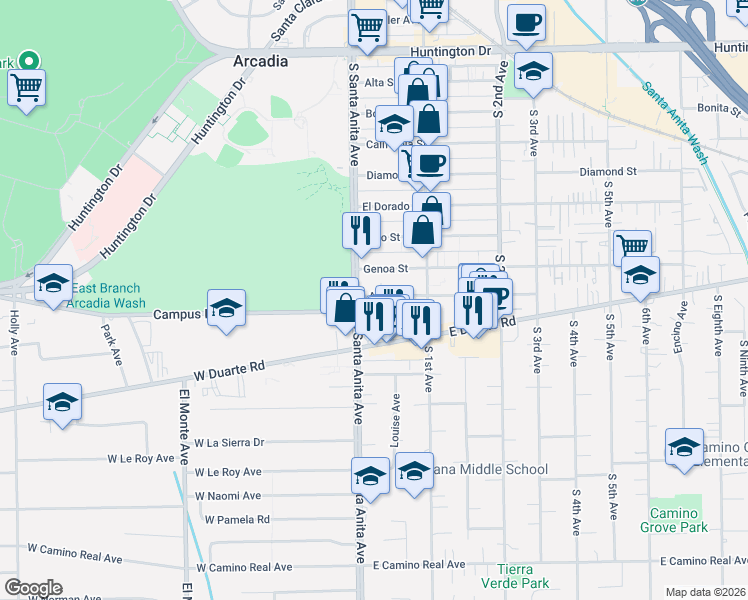 map of restaurants, bars, coffee shops, grocery stores, and more near 20 Alice Street in Arcadia