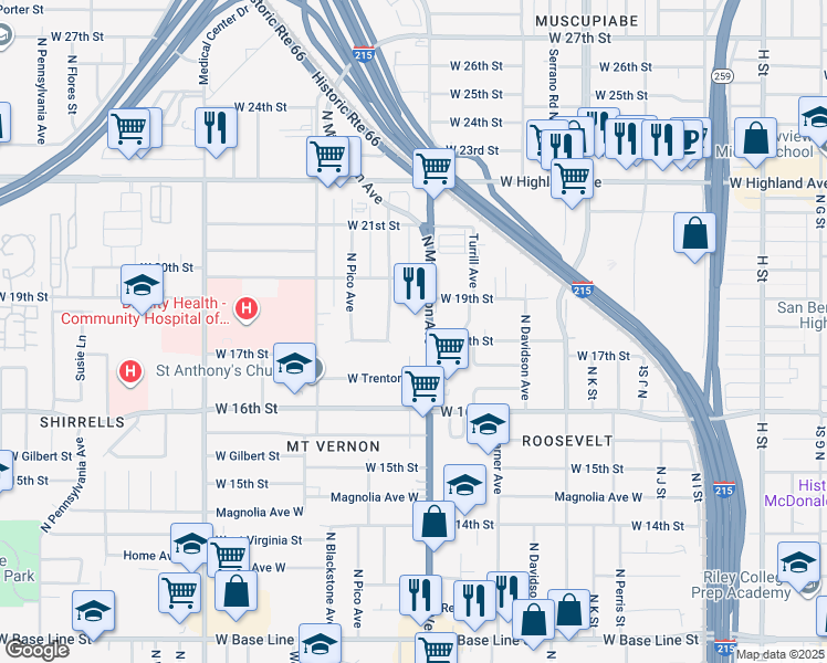 map of restaurants, bars, coffee shops, grocery stores, and more near 1708 North Mount Vernon Avenue in San Bernardino