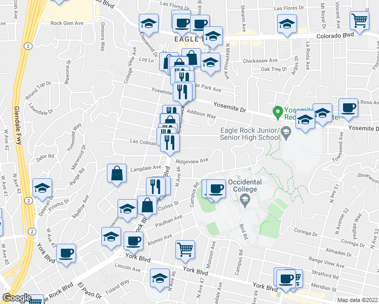 map of restaurants, bars, coffee shops, grocery stores, and more near 2124 Las Colinas Avenue in Los Angeles