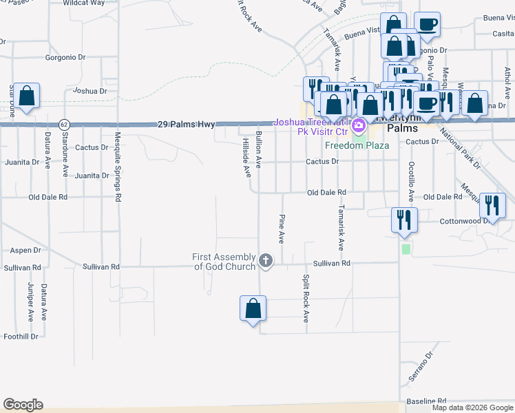 map of restaurants, bars, coffee shops, grocery stores, and more near Bullion Avenue in Twentynine Palms