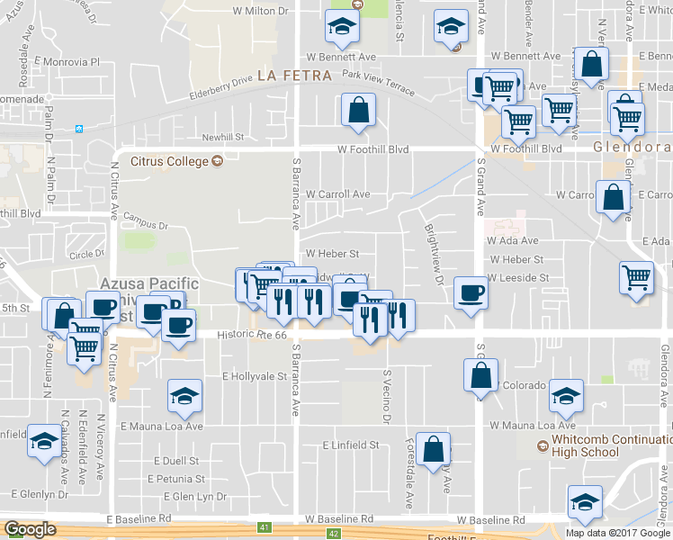 map of restaurants, bars, coffee shops, grocery stores, and more near 811 Bridwell Street West in Glendora