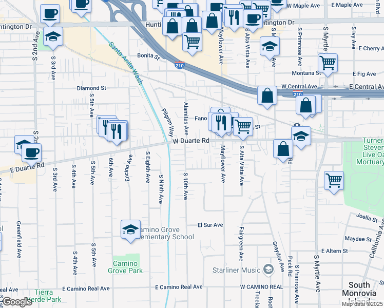 map of restaurants, bars, coffee shops, grocery stores, and more near 1824 10th Avenue in Monrovia