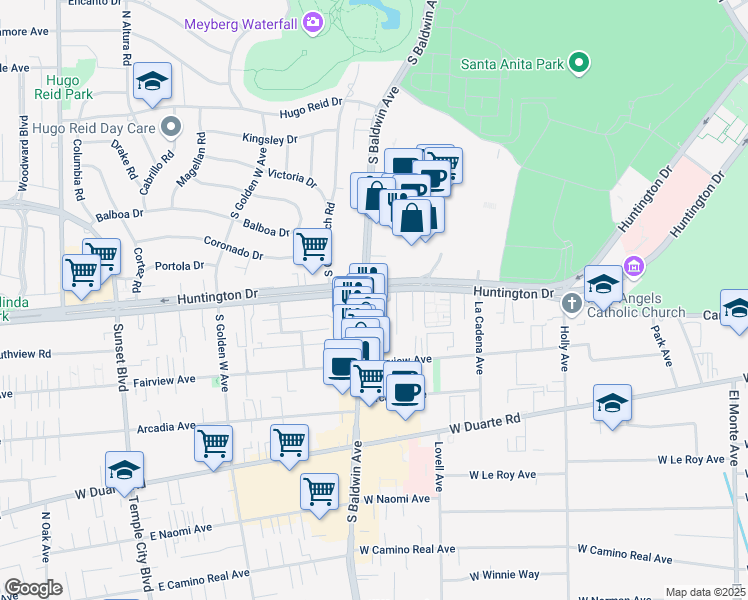 map of restaurants, bars, coffee shops, grocery stores, and more near 836 South Baldwin Avenue in Arcadia