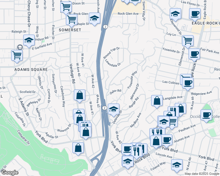 map of restaurants, bars, coffee shops, grocery stores, and more near 4354 Wawona Street in Los Angeles