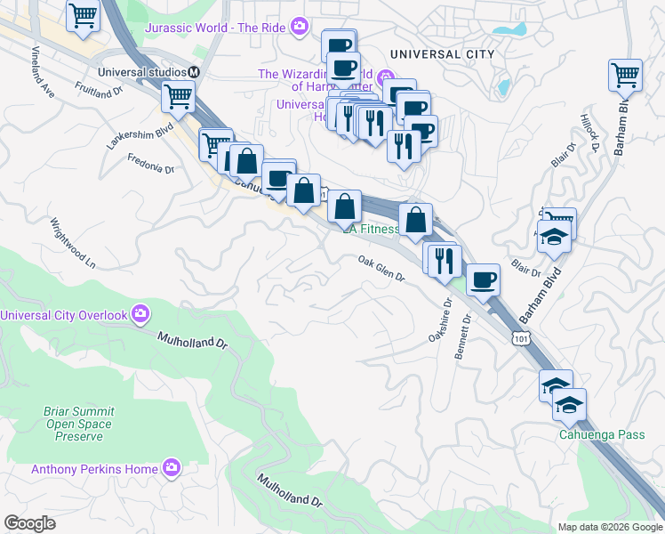 map of restaurants, bars, coffee shops, grocery stores, and more near 3479 Oak Glen Drive in Los Angeles