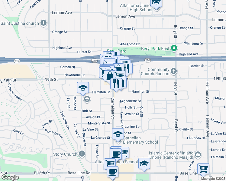 map of restaurants, bars, coffee shops, grocery stores, and more near 6642 Carnelian Street in Rancho Cucamonga