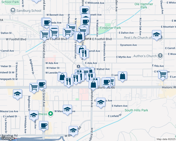 map of restaurants, bars, coffee shops, grocery stores, and more near 421 South Glendora Avenue in Glendora