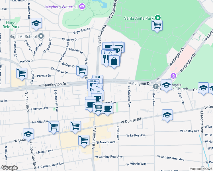 map of restaurants, bars, coffee shops, grocery stores, and more near 634 West Huntington Drive in Arcadia