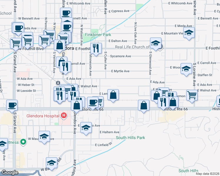 map of restaurants, bars, coffee shops, grocery stores, and more near 561 East Lemon Avenue in Glendora