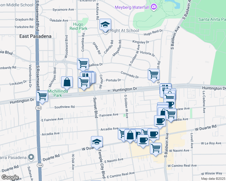 map of restaurants, bars, coffee shops, grocery stores, and more near 941 West Huntington Drive in Arcadia