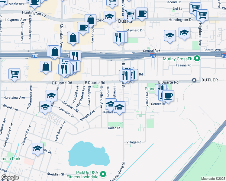 map of restaurants, bars, coffee shops, grocery stores, and more near 1842 Delford Avenue in Duarte