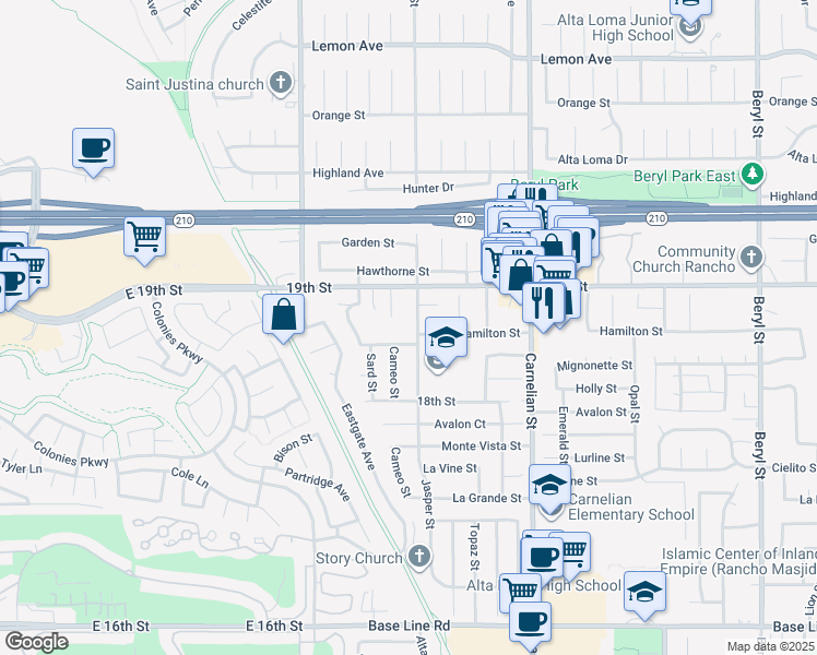 map of restaurants, bars, coffee shops, grocery stores, and more near 6772 Jasper Street in Rancho Cucamonga