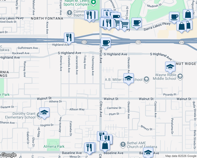 map of restaurants, bars, coffee shops, grocery stores, and more near 6771 Cherimoya Avenue in Fontana