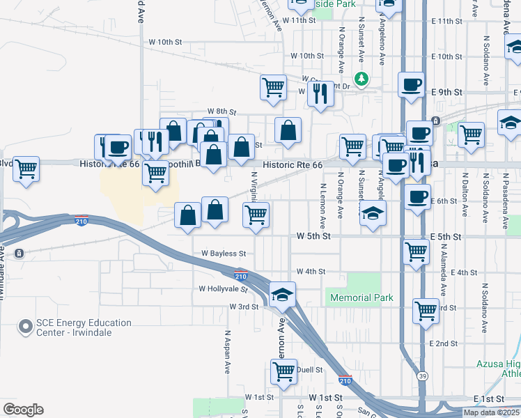 map of restaurants, bars, coffee shops, grocery stores, and more near 538 North Virginia Avenue in Azusa