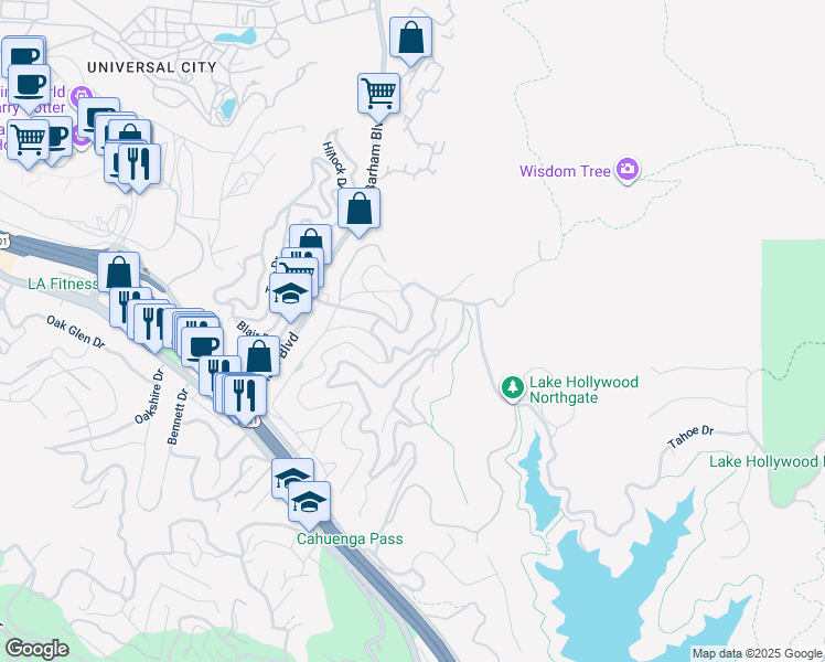 map of restaurants, bars, coffee shops, grocery stores, and more near 3141 Lake Hollywood Drive in Los Angeles