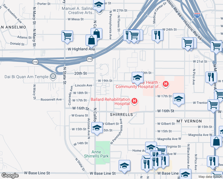 map of restaurants, bars, coffee shops, grocery stores, and more near 1772 North Pennsylvania Street in San Bernardino