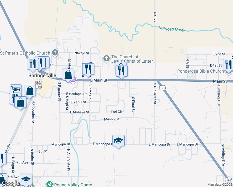 map of restaurants, bars, coffee shops, grocery stores, and more near 30 Chiricahua Drive in Springerville