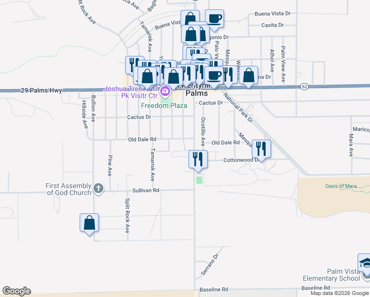 map of restaurants, bars, coffee shops, grocery stores, and more near 6780 Adobe Road in Twentynine Palms