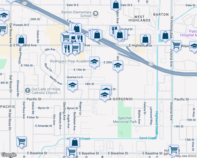 map of restaurants, bars, coffee shops, grocery stores, and more near 2242 18th Street in San Bernardino