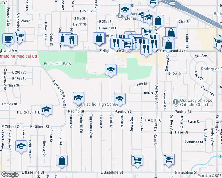 map of restaurants, bars, coffee shops, grocery stores, and more near 1738 Conejo Drive in San Bernardino