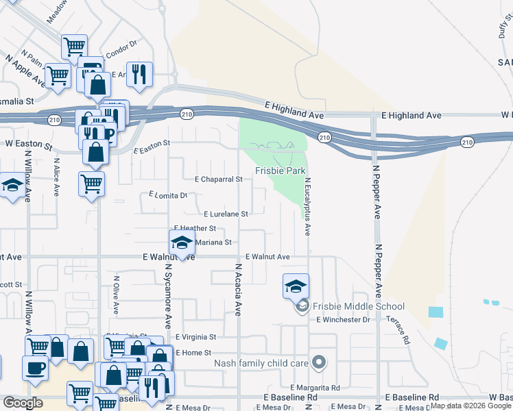 map of restaurants, bars, coffee shops, grocery stores, and more near 578 East Lurelane Street in Rialto