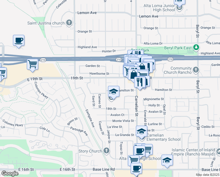 map of restaurants, bars, coffee shops, grocery stores, and more near 8528 Hamilton Street in Rancho Cucamonga