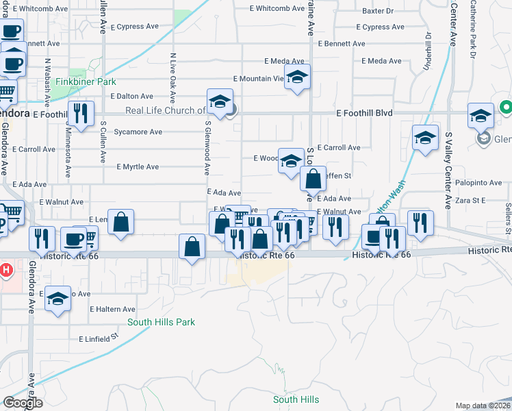 map of restaurants, bars, coffee shops, grocery stores, and more near 360 South Elwood Avenue in Glendora