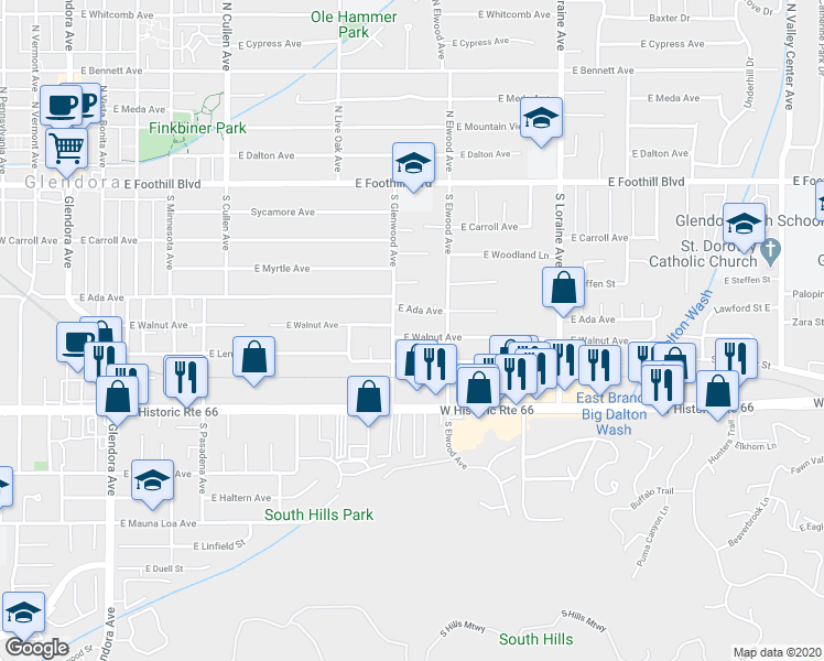 map of restaurants, bars, coffee shops, grocery stores, and more near 820 East Walnut Avenue in Glendora