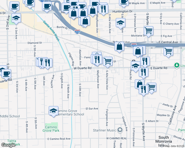 map of restaurants, bars, coffee shops, grocery stores, and more near 537 El Norte Avenue in Monrovia