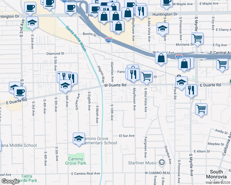 map of restaurants, bars, coffee shops, grocery stores, and more near 1830 10th Avenue in Monrovia