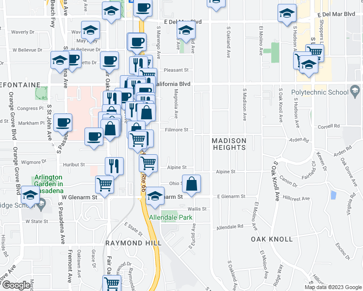 map of restaurants, bars, coffee shops, grocery stores, and more near 851 Magnolia Avenue in Pasadena