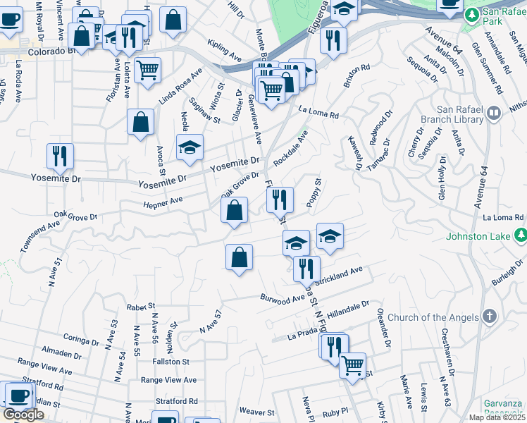 map of restaurants, bars, coffee shops, grocery stores, and more near 6041 Crestwood Way in Los Angeles