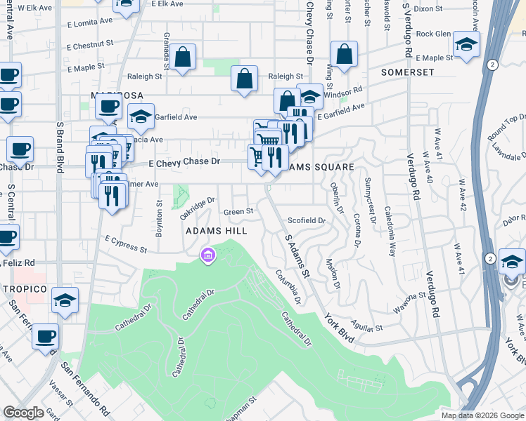 map of restaurants, bars, coffee shops, grocery stores, and more near 1249 South Adams Street in Glendale