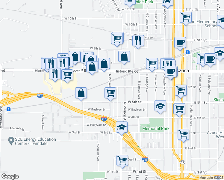 map of restaurants, bars, coffee shops, grocery stores, and more near 538 North Virginia Avenue in Azusa