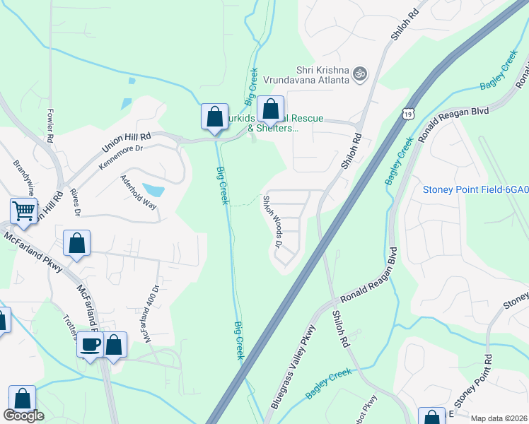 map of restaurants, bars, coffee shops, grocery stores, and more near 5720 Shiloh Woods Drive in Cumming